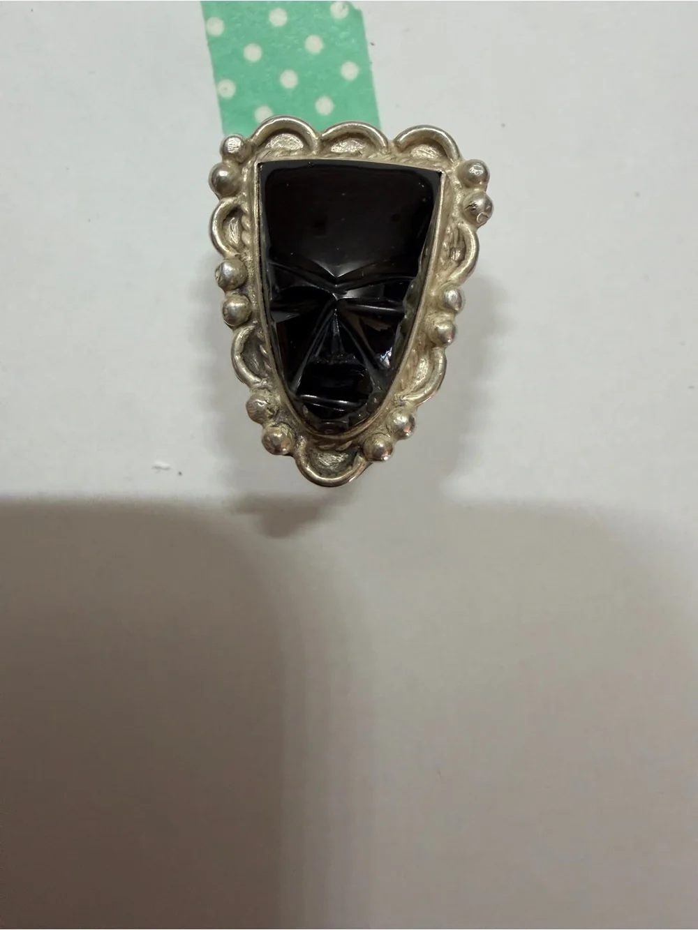 Vintage Sterling Silver Carved Black Onyx Aztec Warrior Mask Ring Size 5.5‎